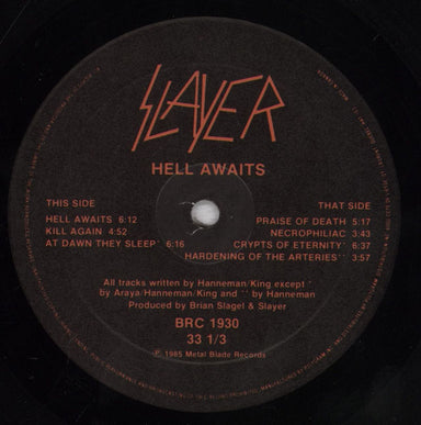 Slayer Hell Awaits Canadian vinyl LP album (LP record) SLALPHE836170