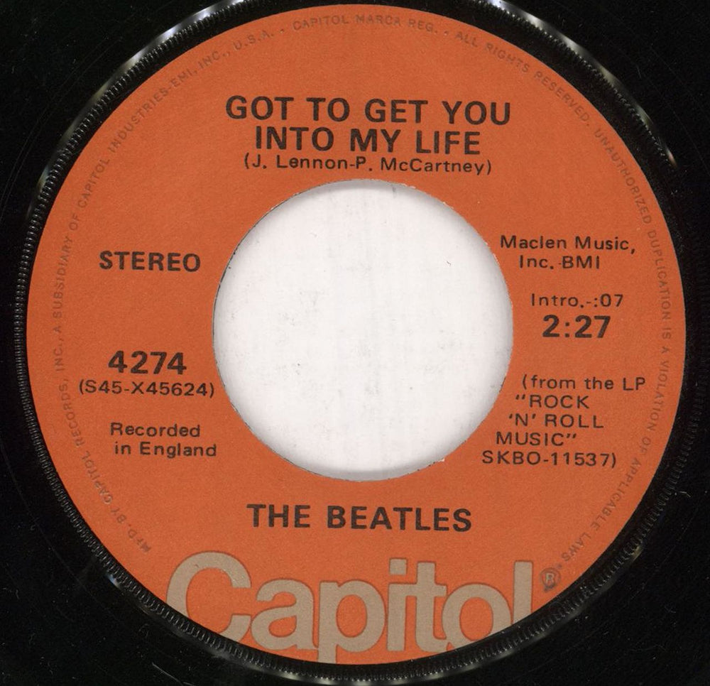 The Beatles Got To Get You Into My Life + Sleeve - EX US 7" vinyl single (7 inch record / 45) BTL07GO589153