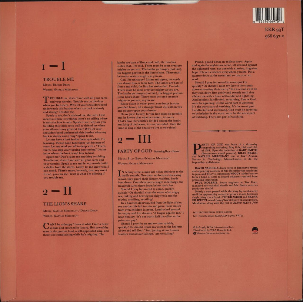 10,000 Maniacs Trouble Me UK 12" vinyl single (12 inch record / Maxi-single) .075596669702