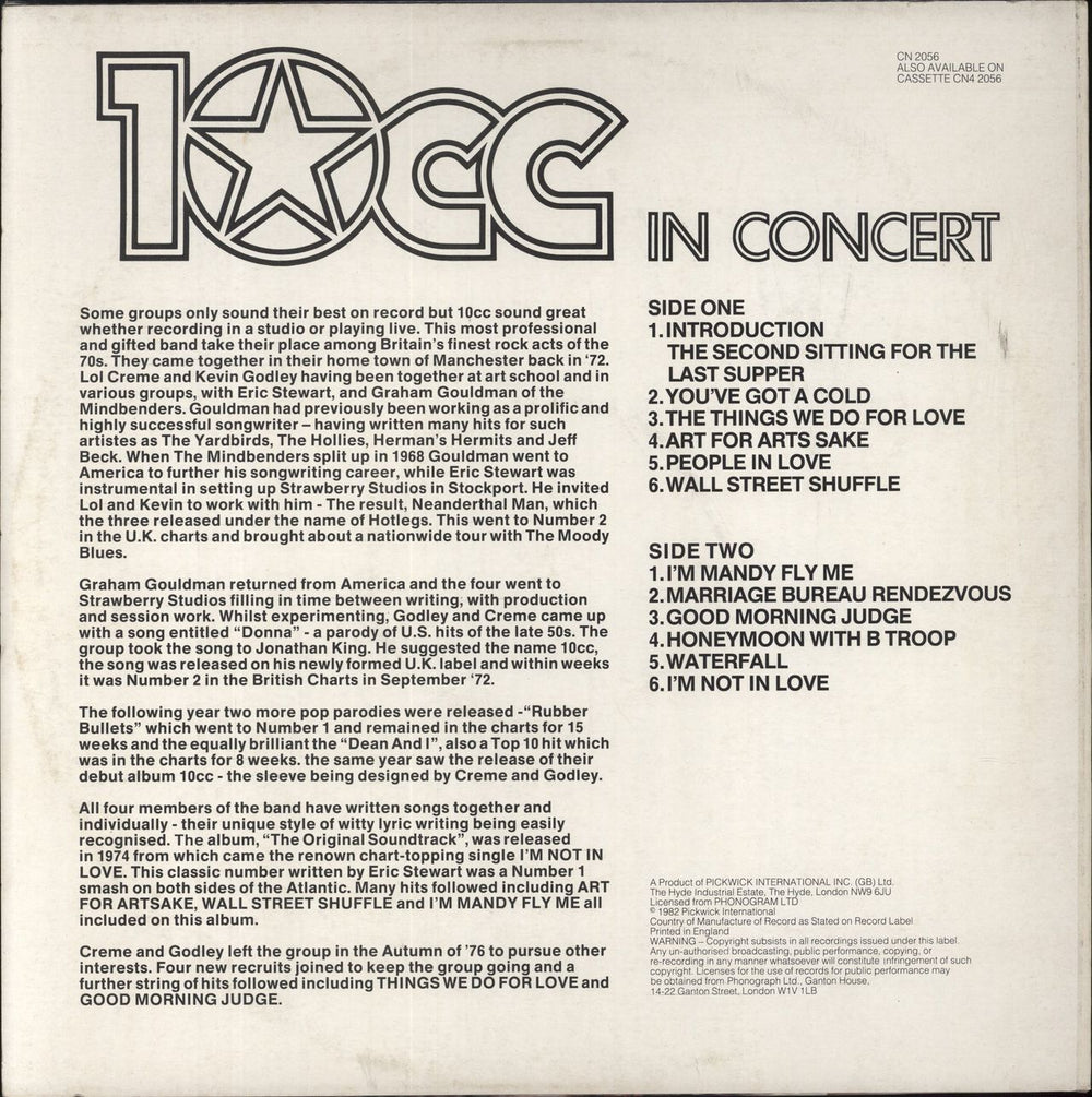 10cc In Concert UK vinyl LP album (LP record)