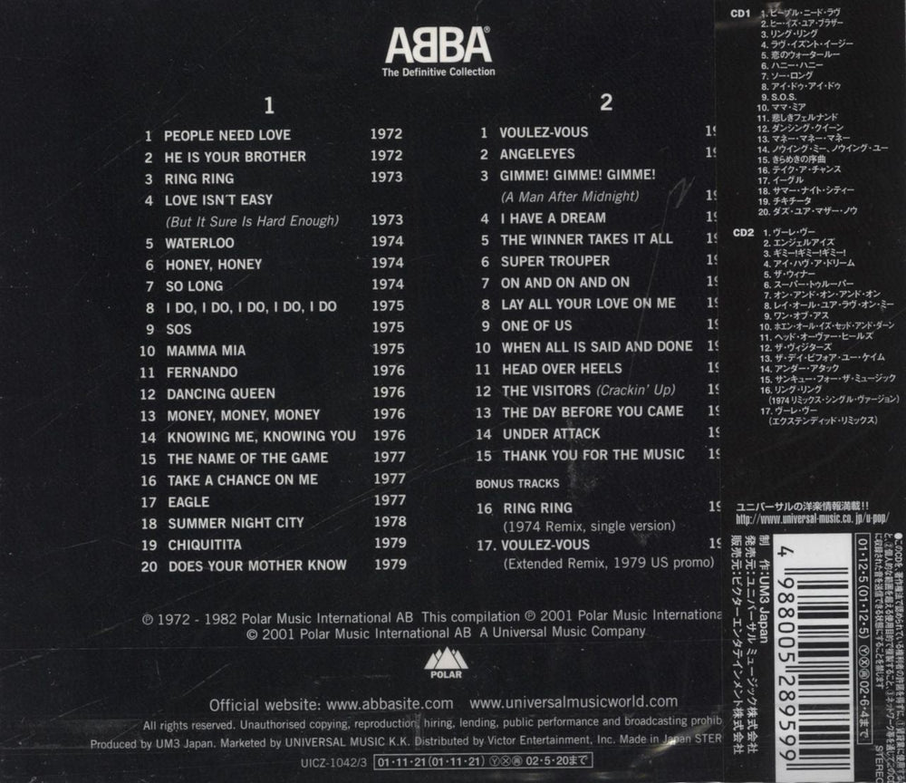 Abba The Definitive Collection Japanese 2 CD album set (Double CD) 4988005289599