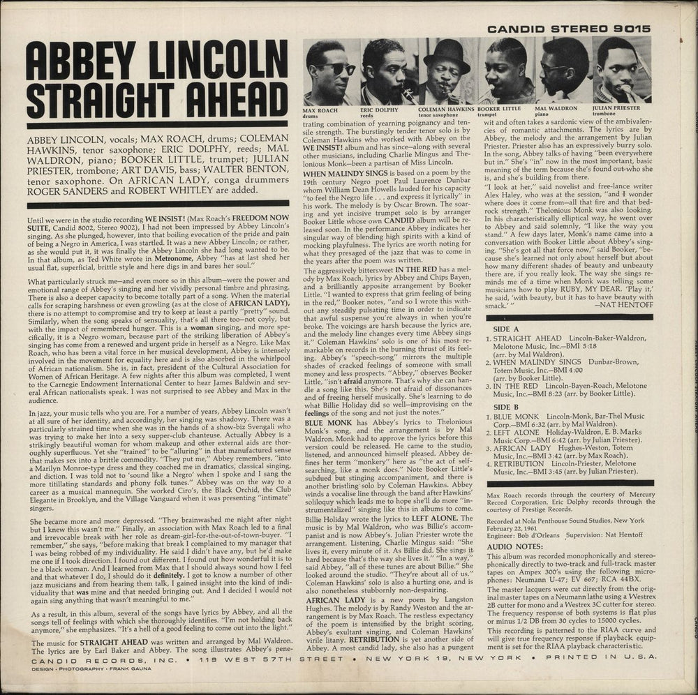 Abbey Lincoln Straight Ahead US vinyl LP album (LP record)