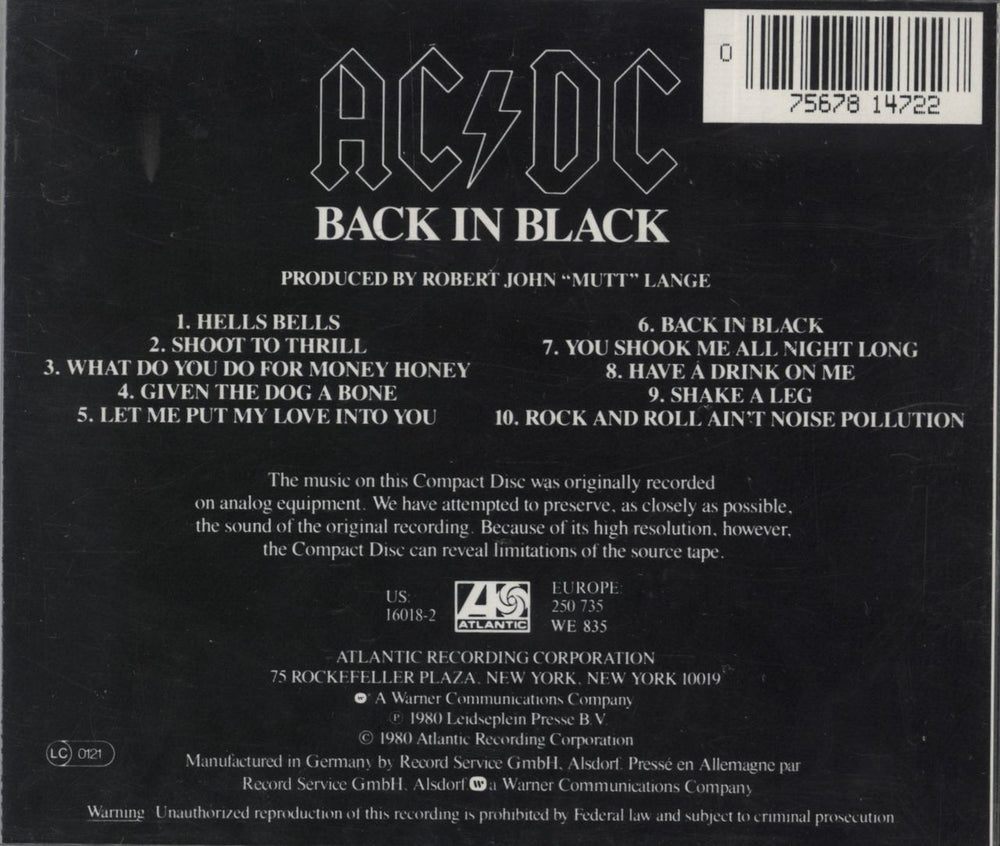 AC/DC Back In Black - Gold German CD album (CDLP) 075678147227