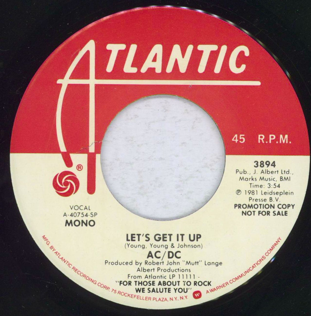 AC/DC Let's Get It Up US Promo 7" vinyl single (7 inch record / 45) 3894