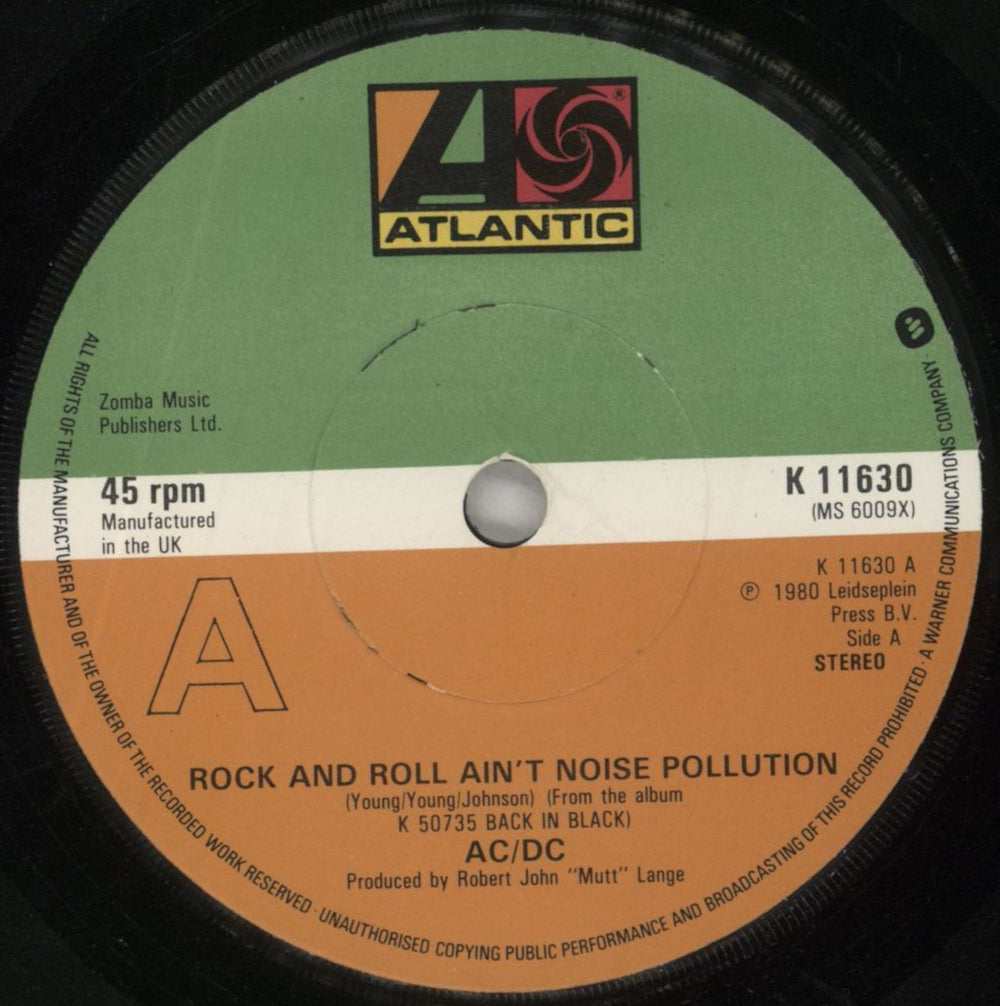 AC/DC Rock And Roll Ain't Noise Pollution + Sleeve - EX/VG UK 7" vinyl single (7 inch record / 45) ACD07RO798915