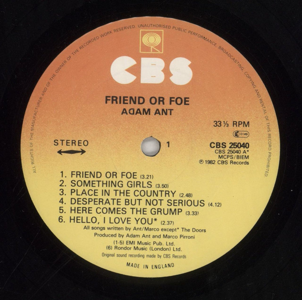 Adam Ant Friend Or Foe UK vinyl LP album (LP record) A~ALPFR188914