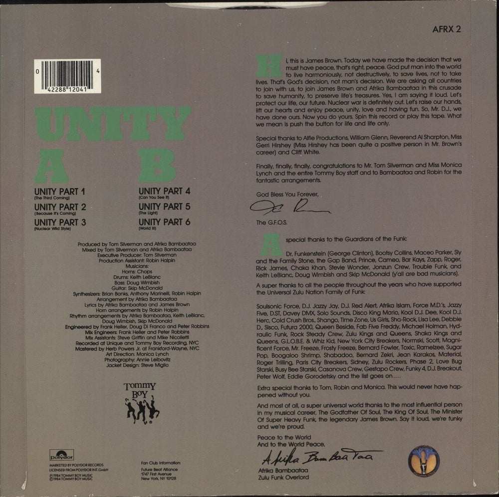 Afrika Bambaataa Unity UK 12" vinyl single (12 inch record / Maxi-single) 042288120414