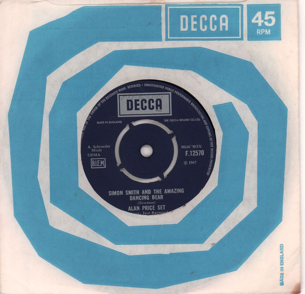 Alan Price Simon Smith And The Amazing Dancing Bear UK 7" vinyl single (7 inch record / 45) F.12570