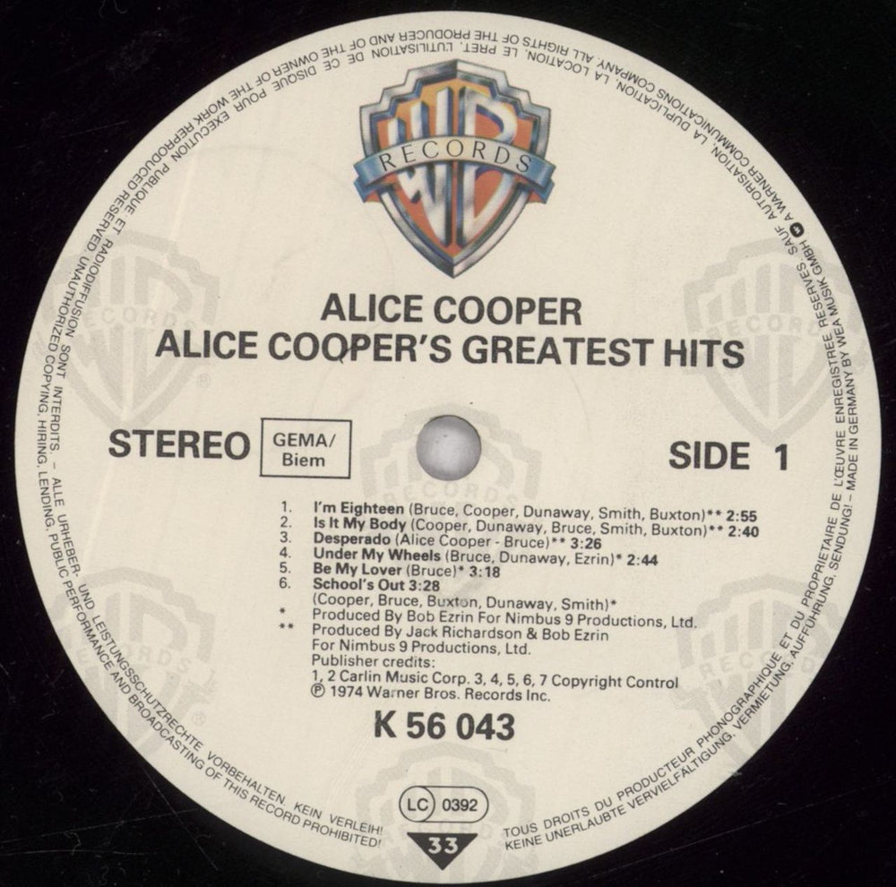 Alice Cooper Greatest Hits German vinyl LP album (LP record) COOLPGR380944