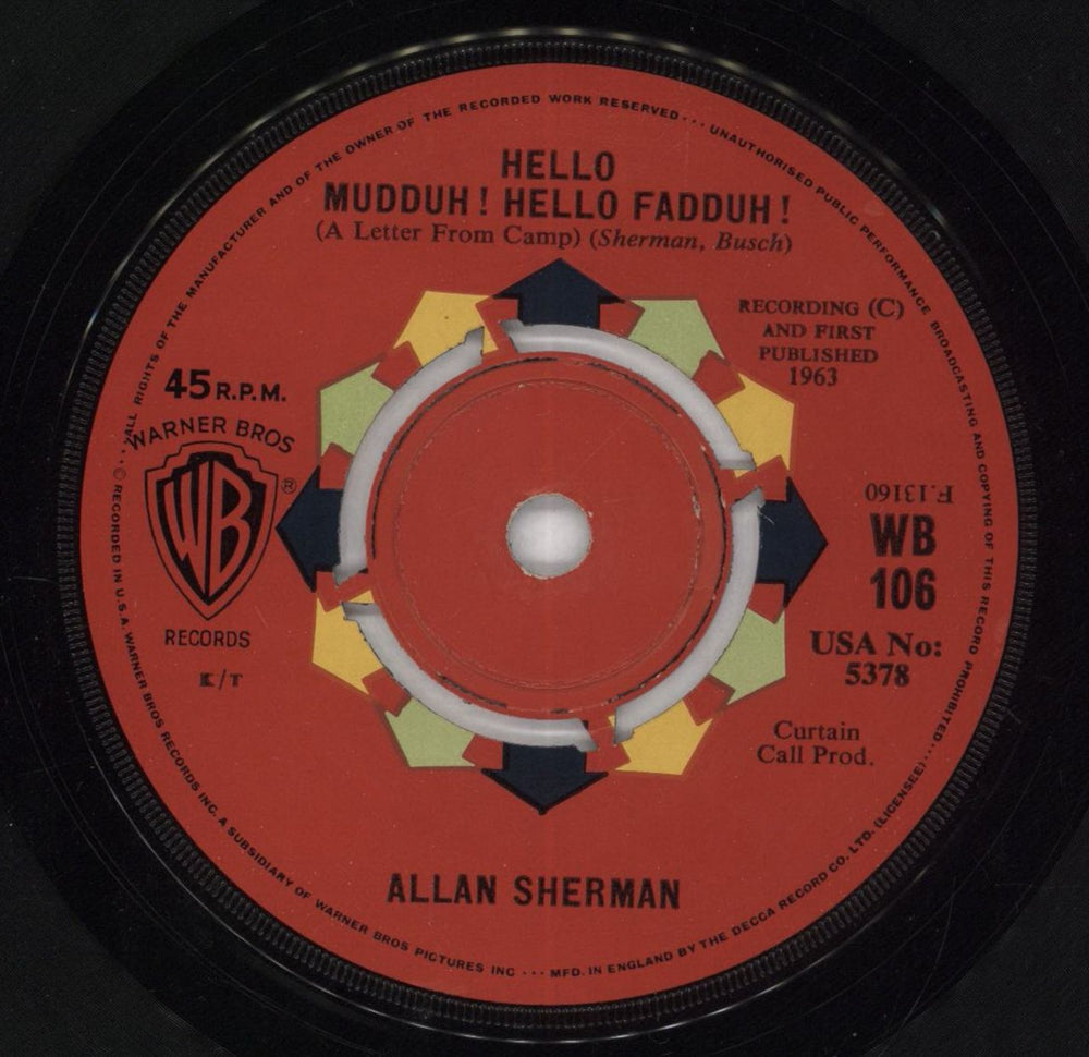 Allan Sherman Hello Muddah, Hello Fadduh UK 7" vinyl single (7 inch record / 45) K16691