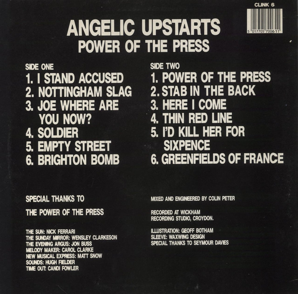 Angelic Upstarts Power Of The Press UK vinyl LP album (LP record) 5017705700611