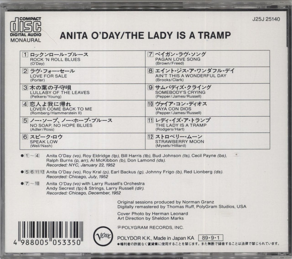 Anita O'Day The Lady Is A Tramp Japanese CD album (CDLP) AODCDTH833675