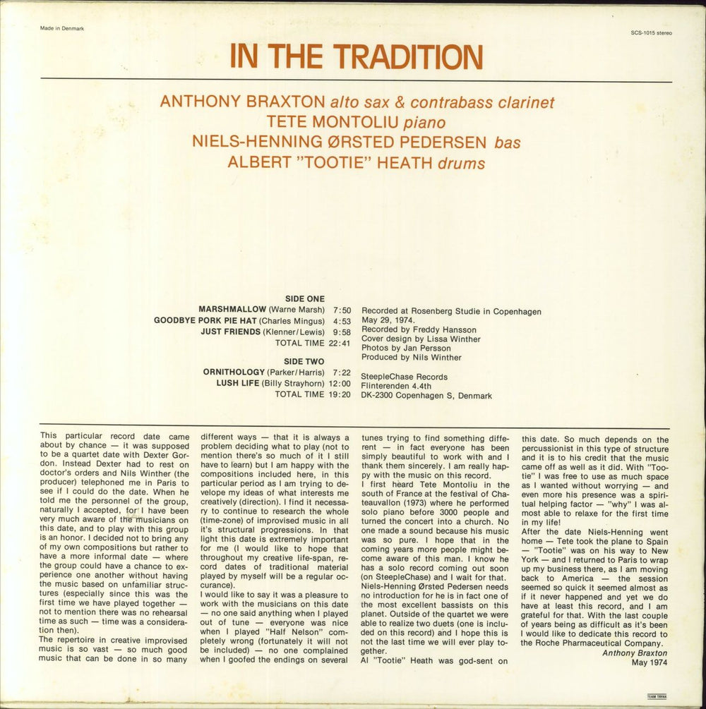 Anthony Braxton In The Tradition Danish vinyl LP album (LP record)