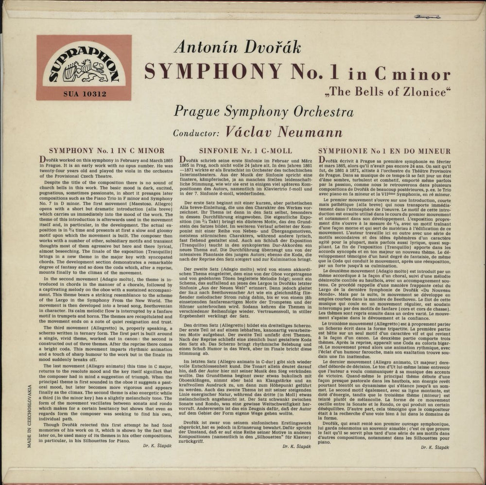 Antonín Dvorák Symphony Nº 1 In C Minor "The Bells Of Zlonice" Czech vinyl LP album (LP record) DDQLPSY752186