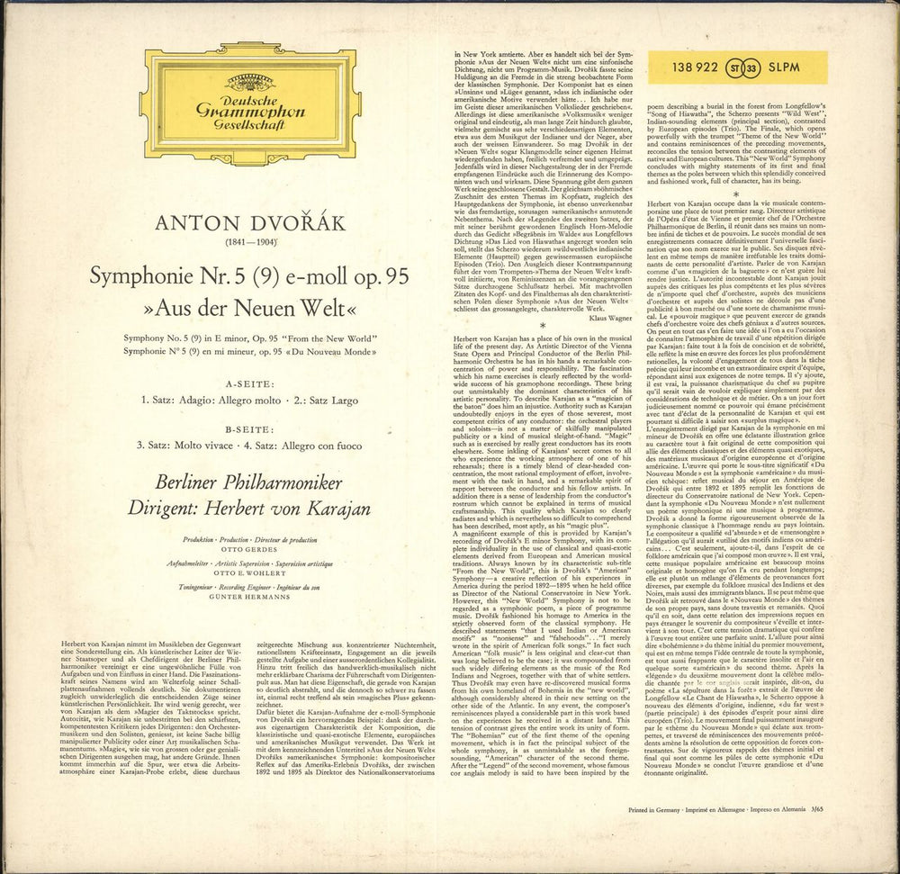 Antonín Dvorák Symphony No. 5 "From The New World" German vinyl LP album (LP record)