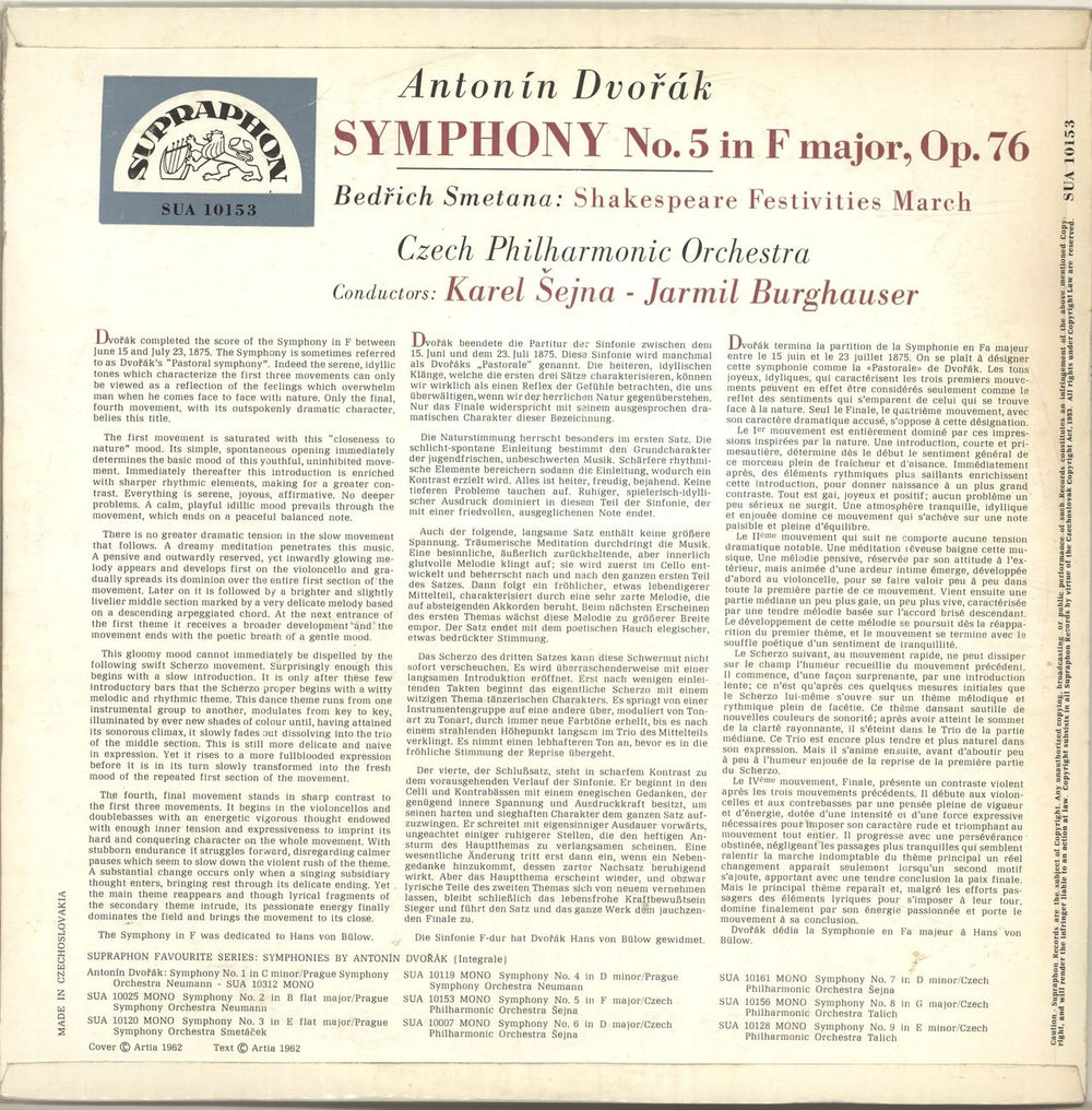 Antonín Dvorák Symphony No. 5 in F Major, Op.76 Czech vinyl LP album (LP record)