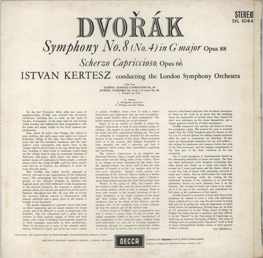 Antonín Dvorák Symphony No. 8 UK vinyl LP album (LP record)