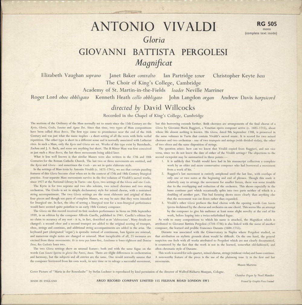 Antonio Vivaldi Gloria / Magnificat UK vinyl LP album (LP record)