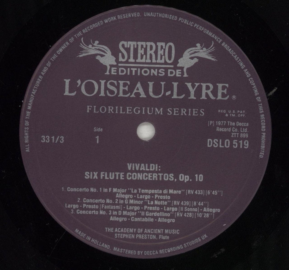 Antonio Vivaldi Six Flute Concertos, Op. 10 UK vinyl LP album (LP record) VI2LPSI856478