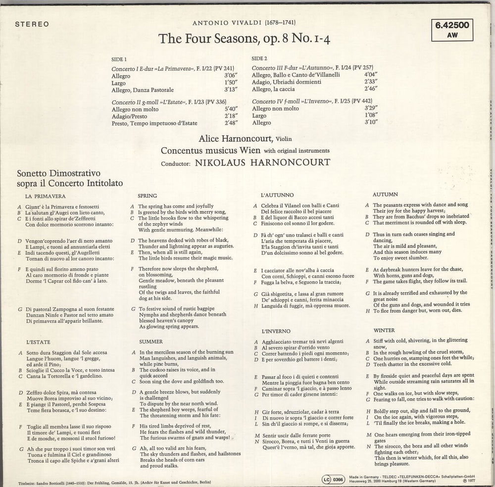Antonio Vivaldi The Four Seasons German vinyl LP album (LP record)