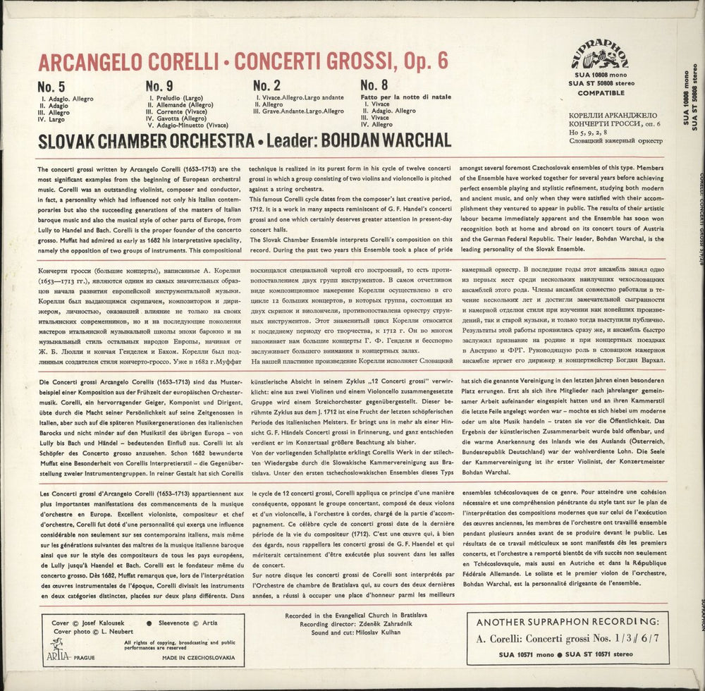 Arcangelo Corelli Corelli: Concerti Grossi 5/9/2/8 Czech vinyl LP album (LP record)