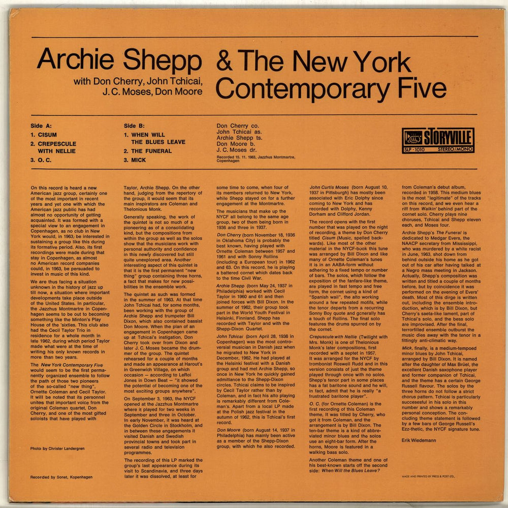 Archie Shepp Archie Shepp & The New York Contemporary Five Danish vinyl LP album (LP record)