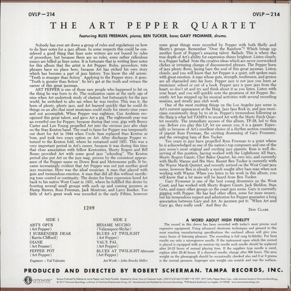 Art Pepper The Art Pepper Quartet - RSD 2017 - 180gm - Clear Vinyl Japanese vinyl LP album (LP record) 816651013807