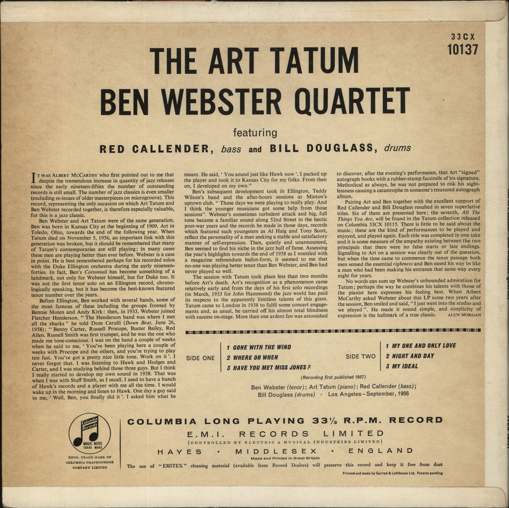 Art Tatum & Ben Webster The Art Tatum - Ben Webster Quartet UK vinyl LP album (LP record)