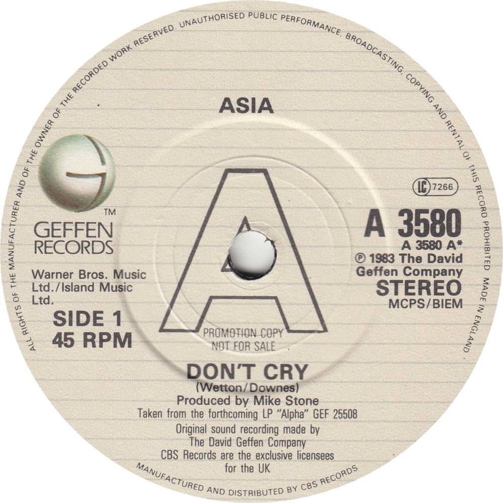 Asia Don't Cry - A Label UK Promo 7" vinyl single (7 inch record / 45) A3580