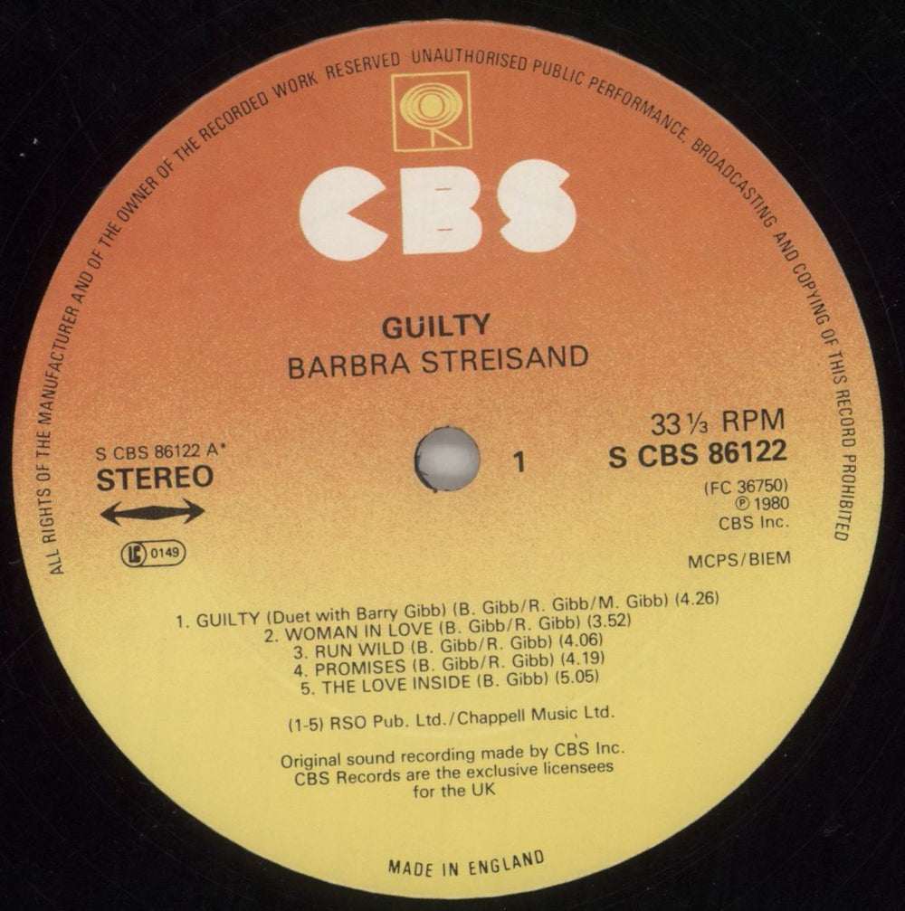 Barbra Streisand Guilty - Stickered Sleeve - EX UK vinyl LP album (LP record) BARLPGU780386