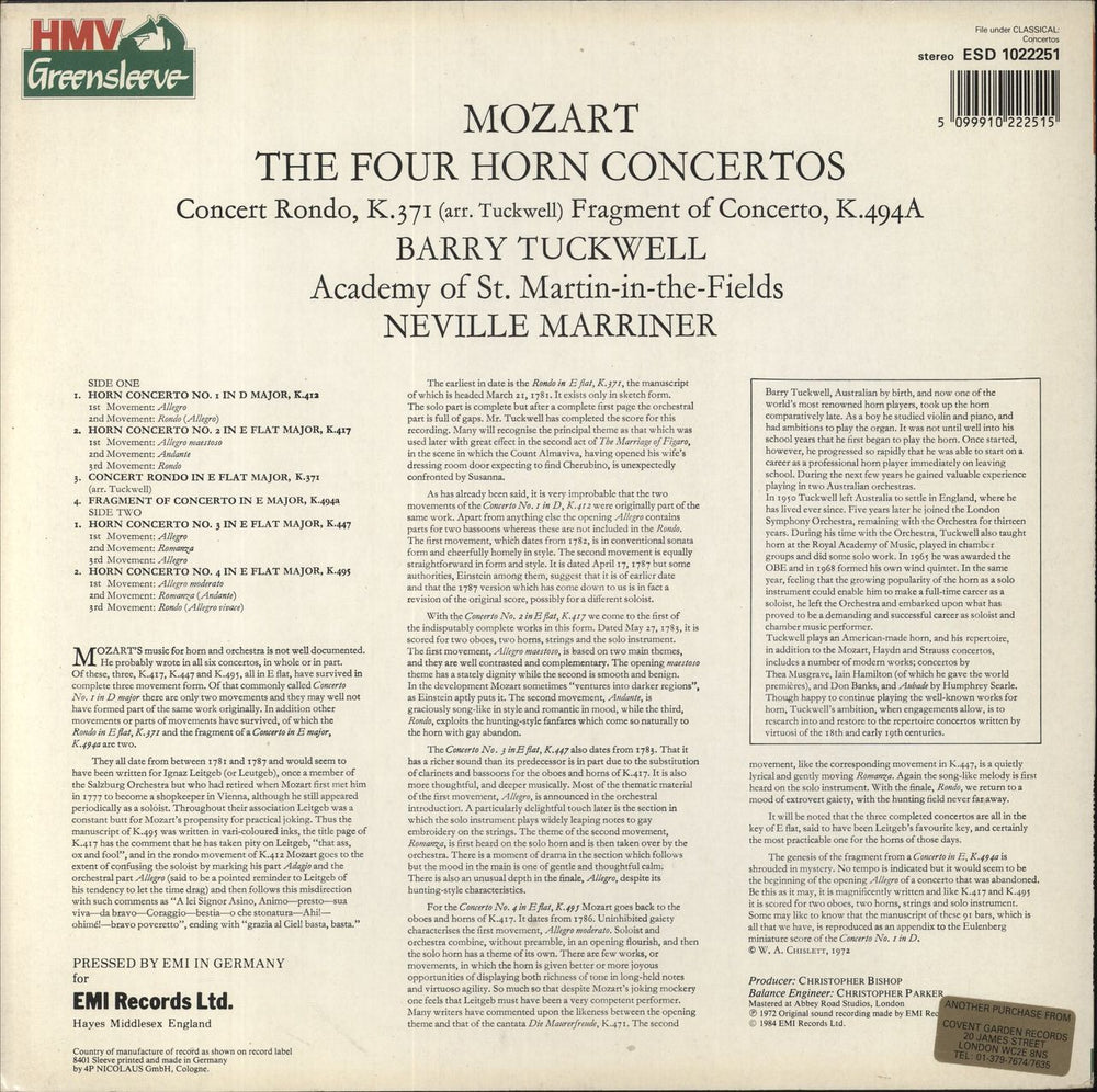 Barry Tuckwell Mozart: The Four Horn Concertos German vinyl LP album (LP record) 5099910222515