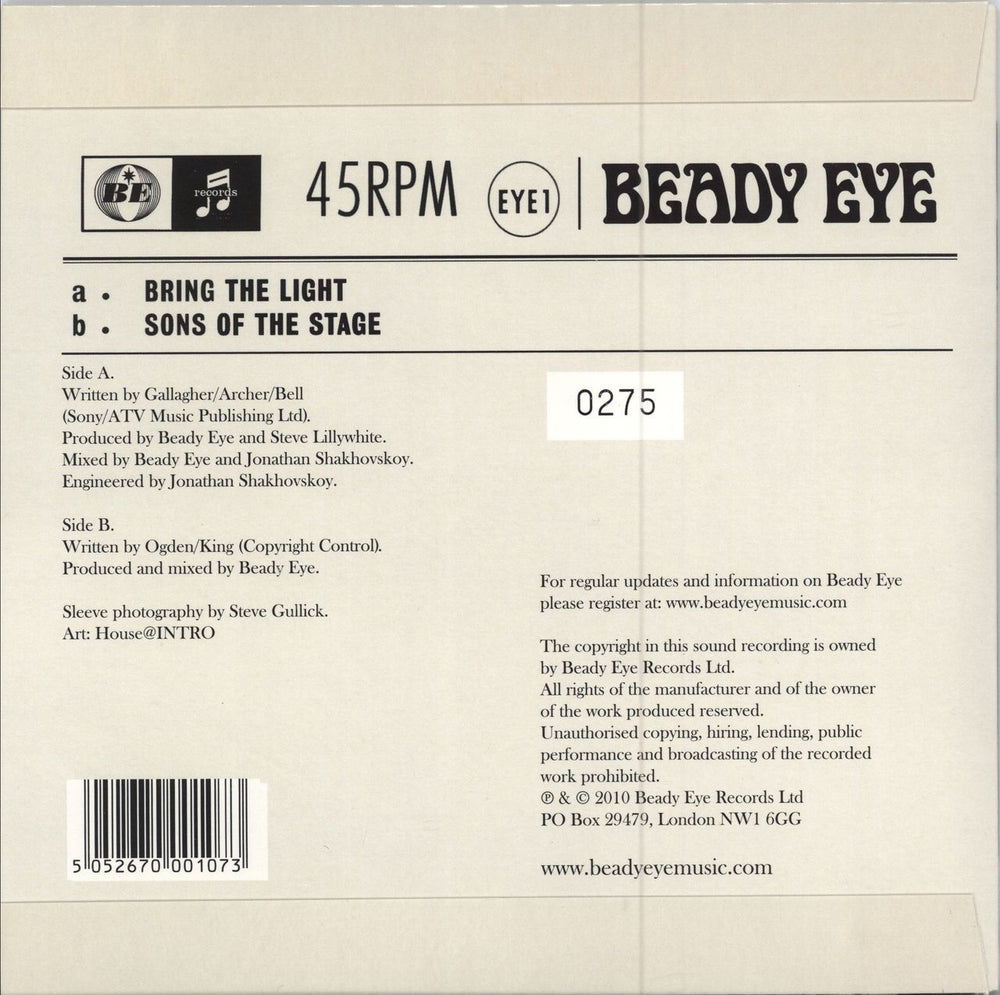 Beady Eye Bring The Light - Numbered UK 7" vinyl single (7 inch record / 45) 5052670001073