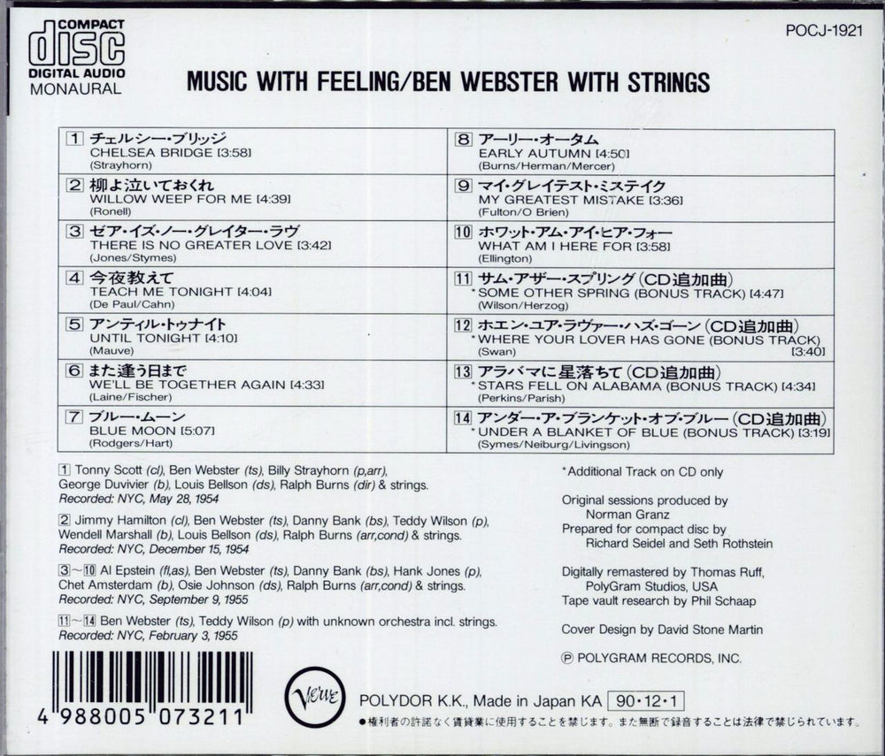 Ben Webster Music With Feeling Japanese CD album (CDLP)