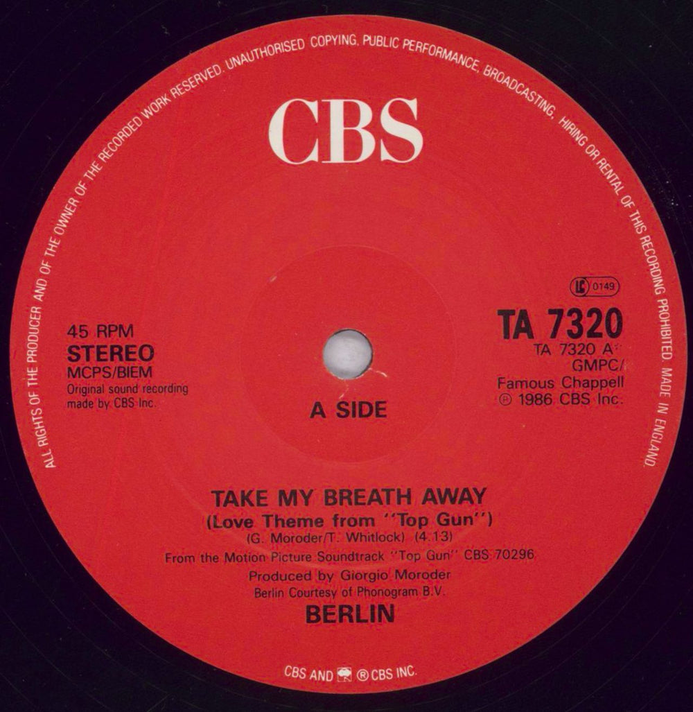 Berlin Take My Breath Away UK 12" vinyl single (12 inch record / Maxi-single) BER12TA838540