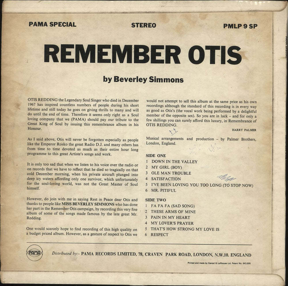 Beverley Simmons Remember Otis UK vinyl LP album (LP record)