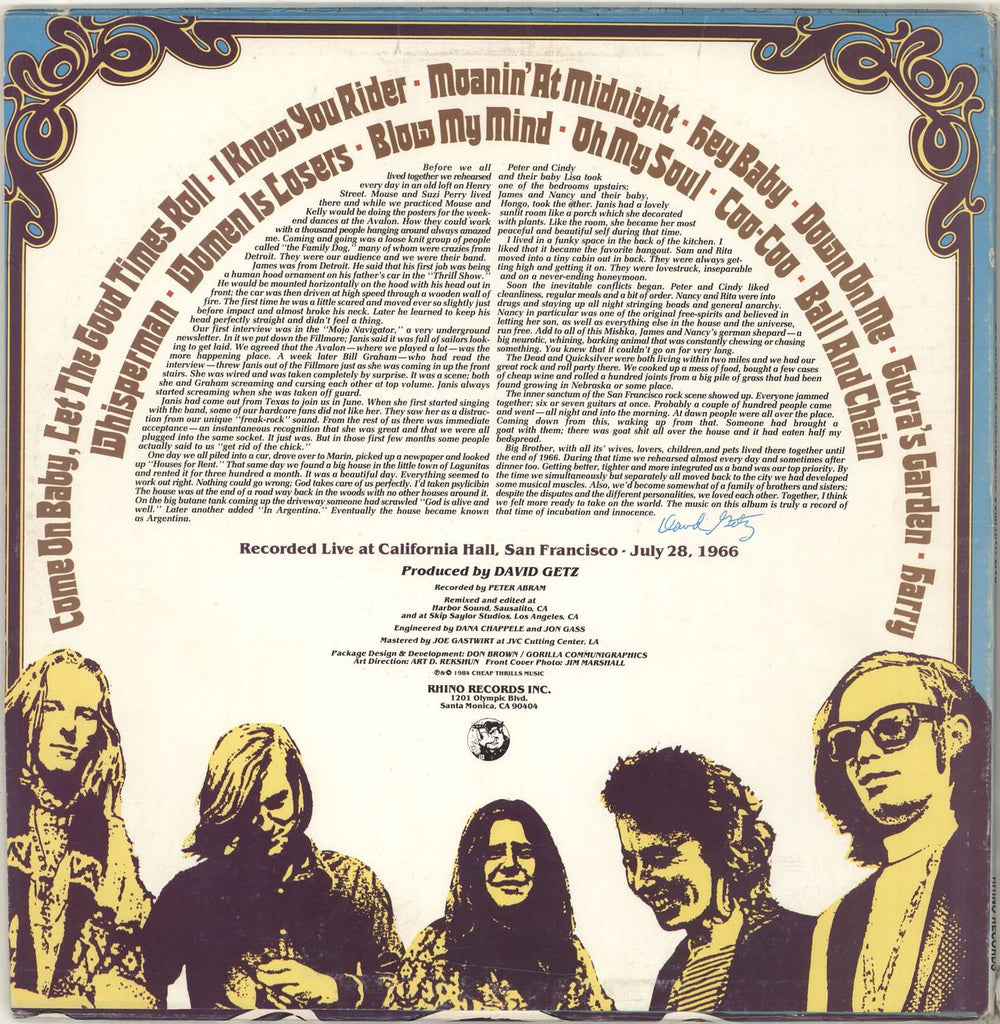 Big Brother & The Holding Company Live US vinyl LP album (LP record)