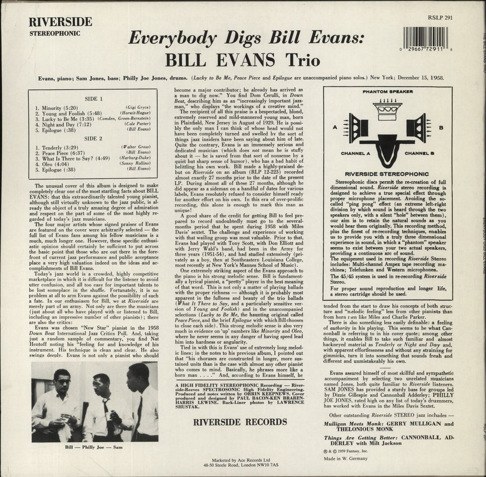 Bill Evans (Piano) Everybody Digs Bill Evans German vinyl LP album (LP record) 029667729116