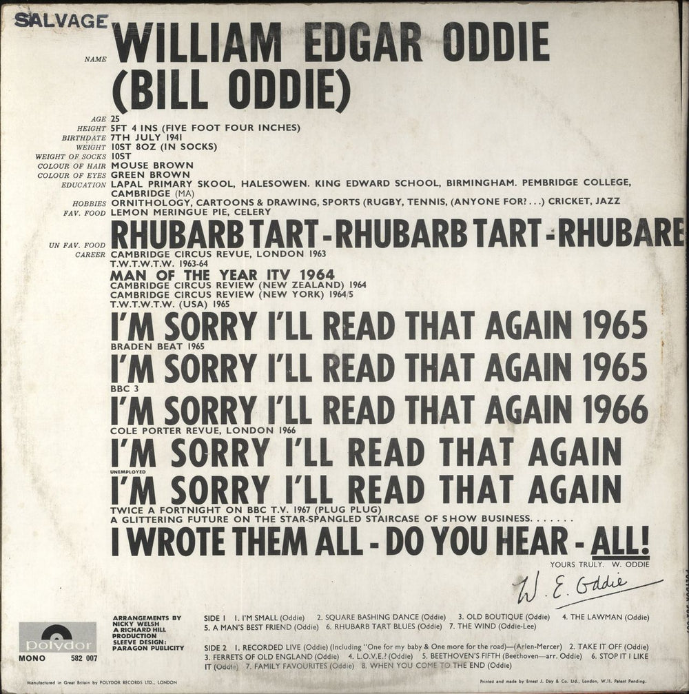 Bill Oddie Distinctly Oddie UK vinyl LP album (LP record)