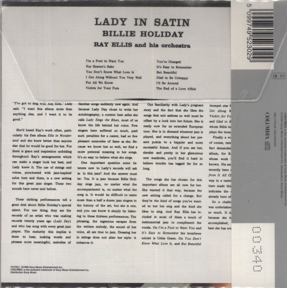 Billie Holiday Lady In Satin UK CD album (CDLP)