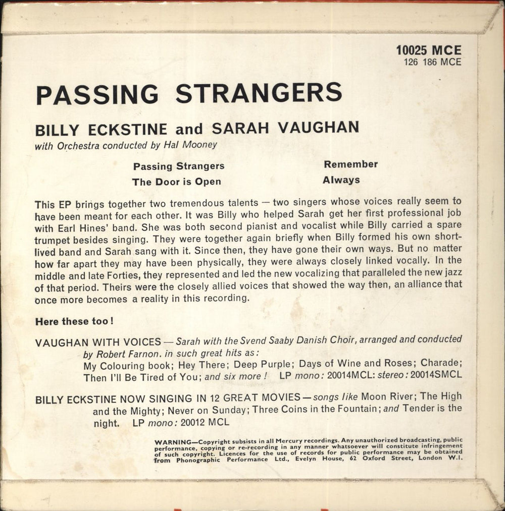 Billy Eckstine & Sarah Vaughan Passing Strangers EP UK 7" vinyl single (7 inch record / 45)