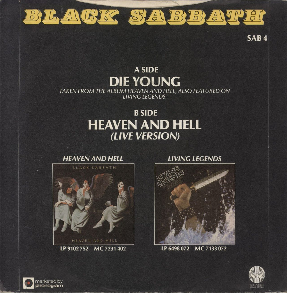 Black Sabbath Die Young + Sleeve UK 7" vinyl single (7 inch record / 45)