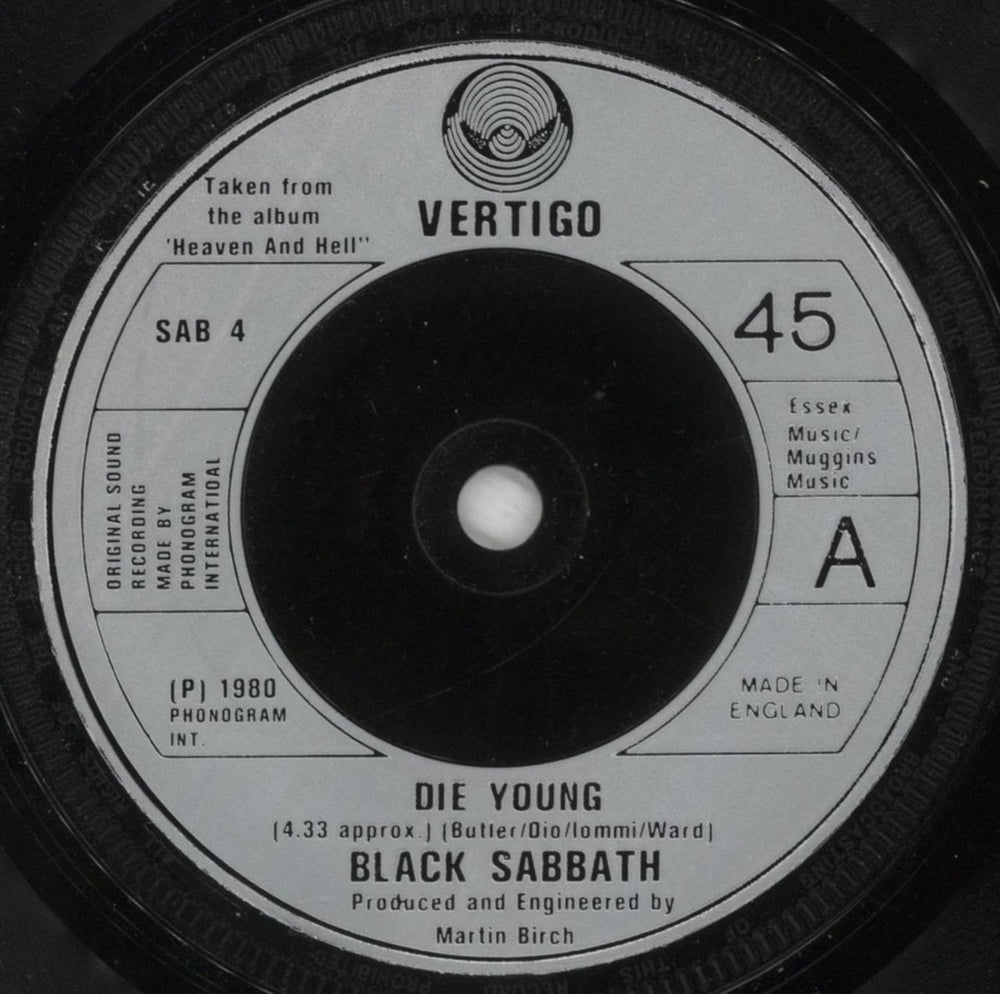 Black Sabbath Die Young + Sleeve UK 7" vinyl single (7 inch record / 45) BLK07DI174792