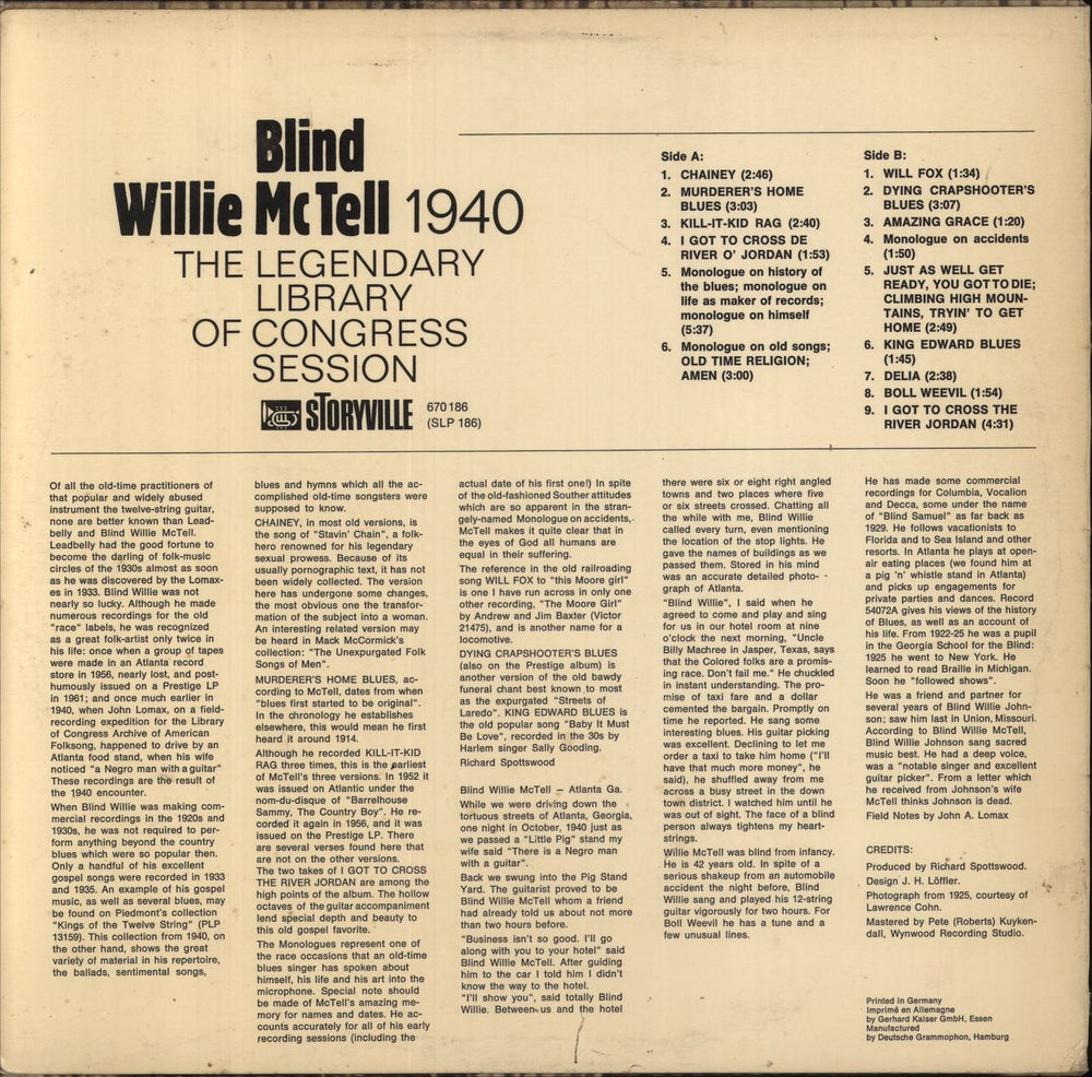 Blind Willie McTell 1940: The Legendary Library Of Congress Session UK vinyl LP album (LP record)