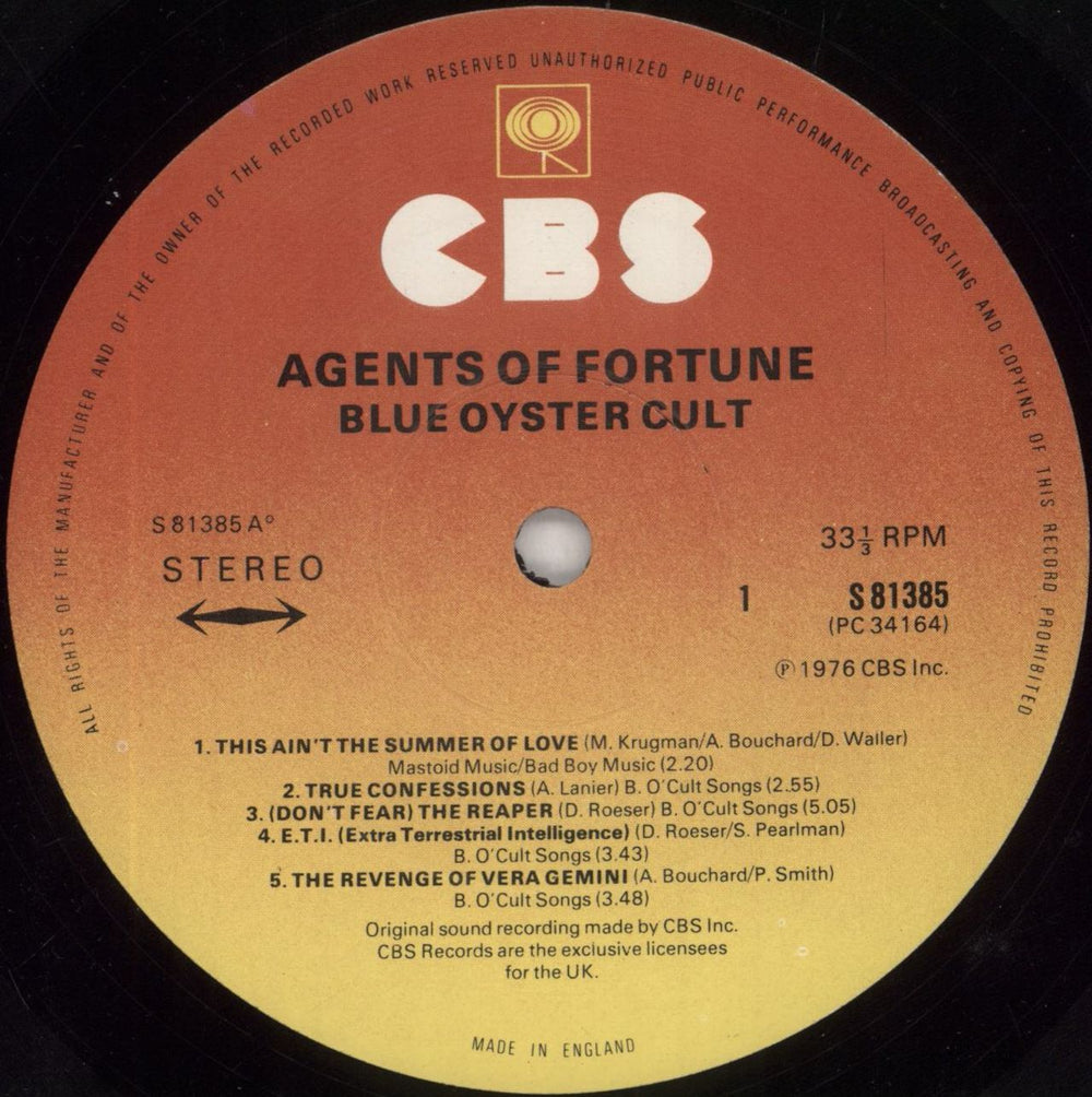 Blue Oyster Cult Agents Of Fortune - EX UK vinyl LP album (LP record) BOCLPAG453820