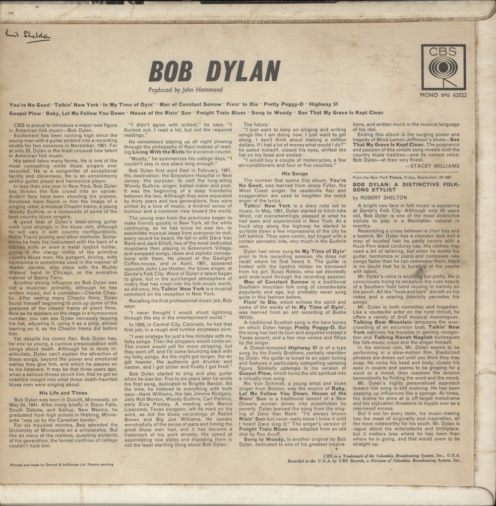 Bob Dylan Bob Dylan - VG - CBS Pressing UK vinyl LP album (LP record)
