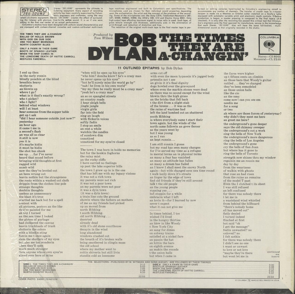 Bob Dylan The Times They Are A-Changin' - Two Eye label - Shrink US vinyl LP album (LP record)