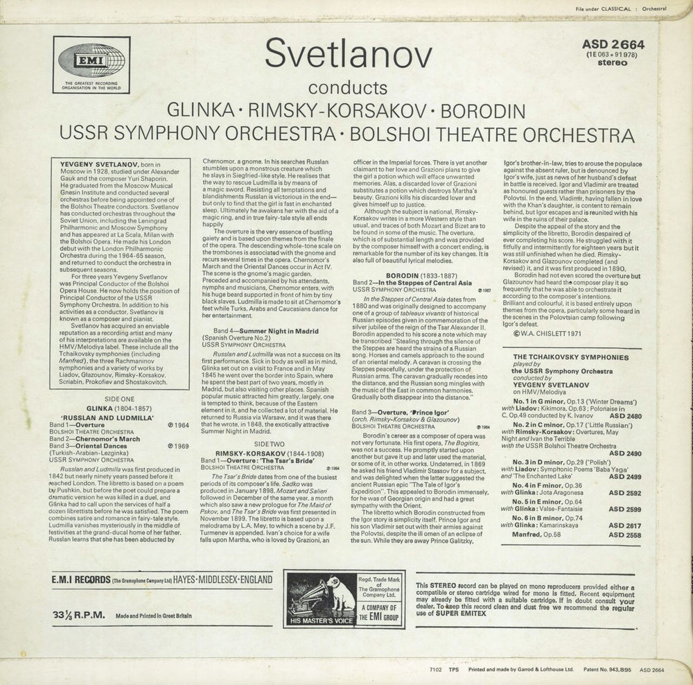 Bolshoi Theater Orchestra Svetlanov Conducts UK vinyl LP album (LP record)