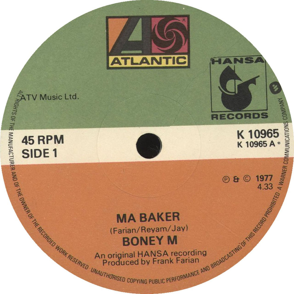 Boney M Ma Baker UK 7" vinyl single (7 inch record / 45) K10965