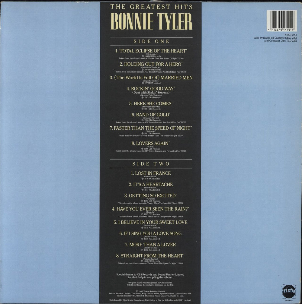 Bonnie Tyler The Greatest Hits UK vinyl LP album (LP record) 5014469112919