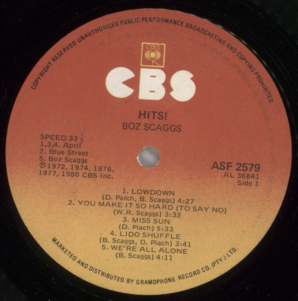 Boz Scaggs Hits! South African vinyl LP album (LP record) BOZLPHI800089